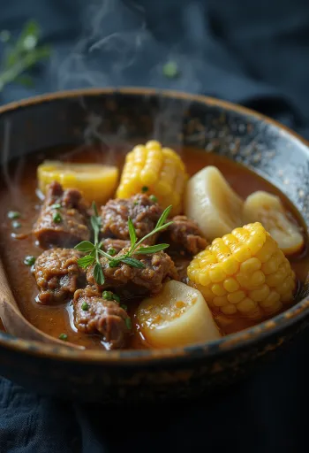 Sancocho de res med nötkött och rotfrukter, nyligen serverad