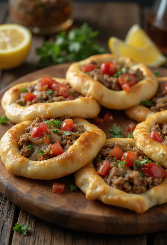Sfiha, arabisk köttpaj serverad