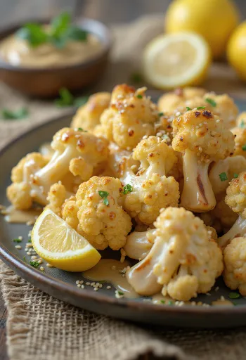 Ugnsrostad blomkålssallad med tahinidressing, serverad med färsk persilja och rostade sesamfrön.