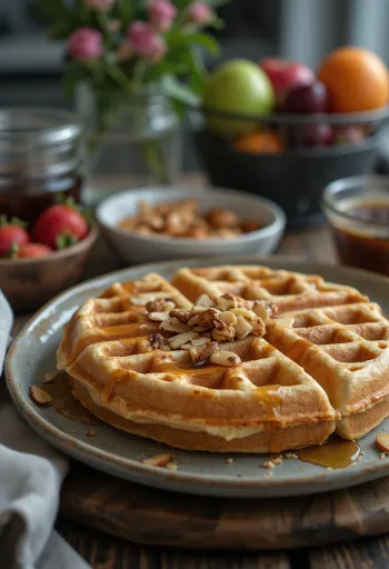 Vegansk våffla med färsk frukt och lönnsirap