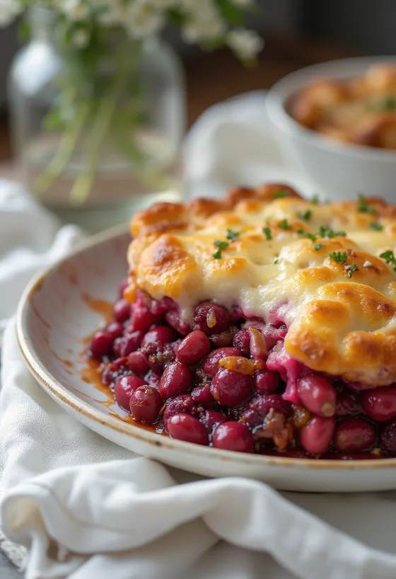 Gratäng med rödbeta och bönor serverad