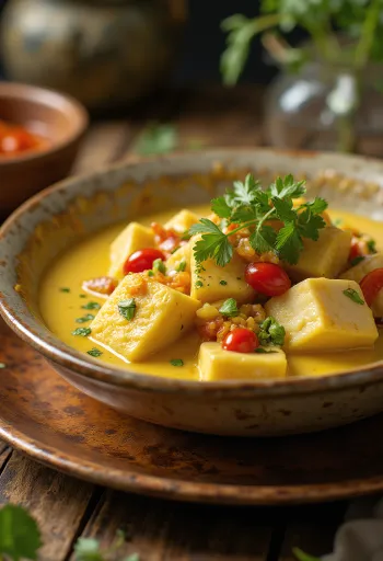 Krokodilcurry serverad i en skål med jasminris vid sidan