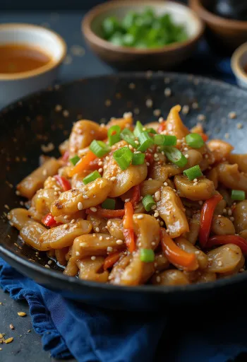 Wok med krokodil serverad med ris och grönsaker.