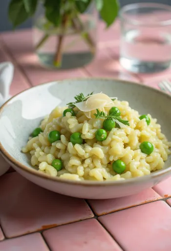 Krämig risotto med gröna ärtor och parmesanost, serverad i en vit tallrik