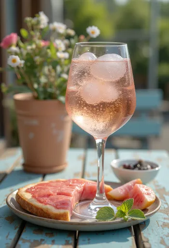 Roséspritzer serverad med citronskiva och is