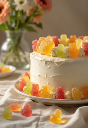 Färgglad godistårta med vit sockerpasta och godisdekoration