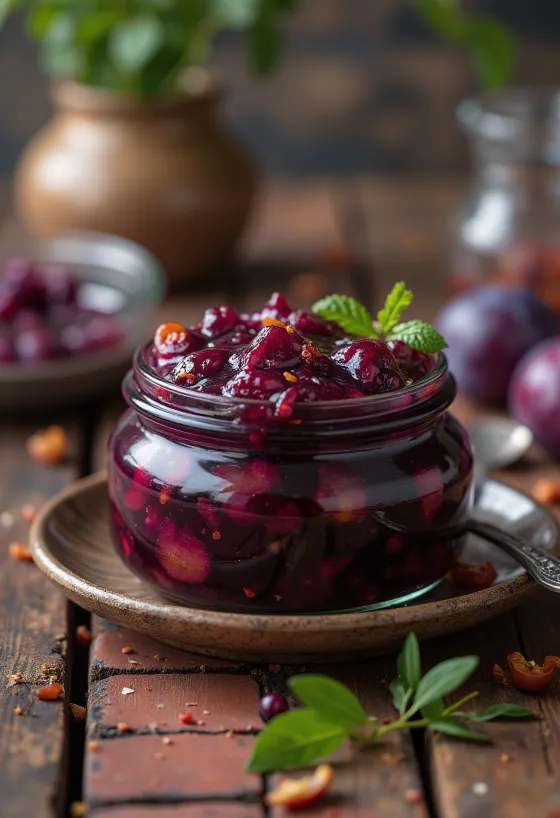 Hett plommonchutney i burk och upplagd.