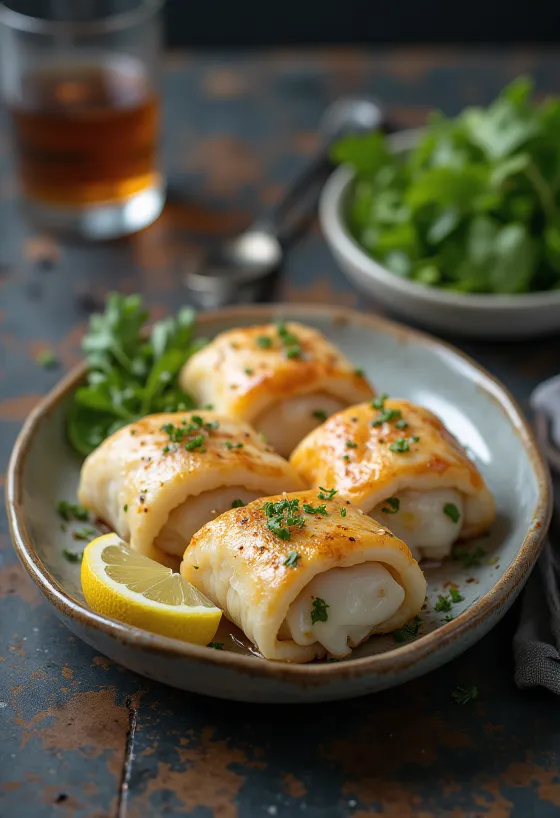 Dolma i fisk med risfyllning, serverad med färska citronskivor