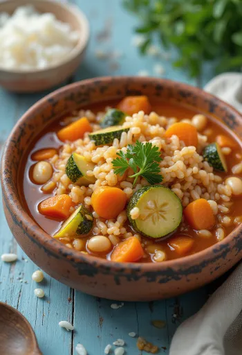 Minestronesoppa serverad med ris, grönsaker och bönor