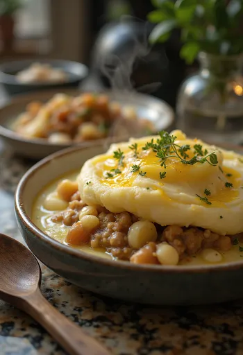 Shepherd’s pie serverad med vitlök, potatismos på toppen