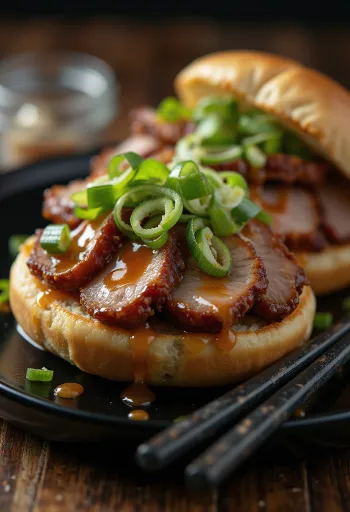 Bao bun med stekt anka och hoisinsås serverad på tallrik