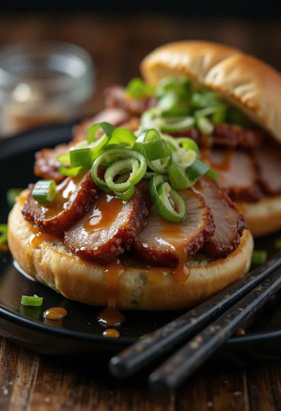 Bao bun med stekt anka och hoisinsås serverad på tallrik