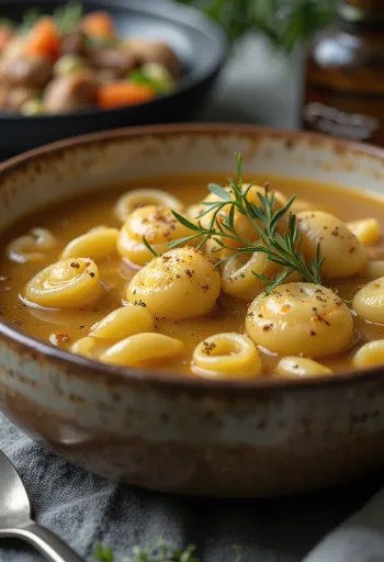 Escudella amb galets, rik köttsoppa, serverad med färsk persilja