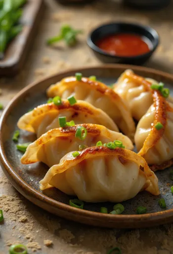 Kimchi Gyoza serverad med sojasåsdipp och salladslök