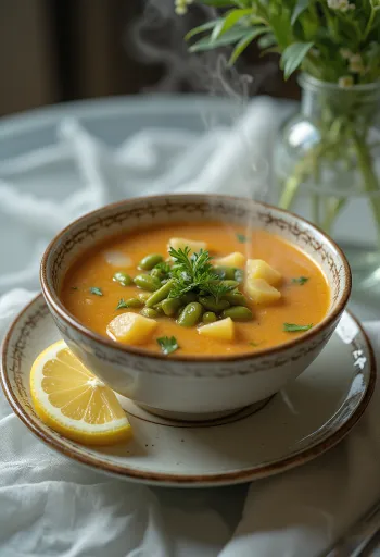 Traditionell Palócsoppa, rikligt tillagad med gröna bönor, potatis och lammkött.