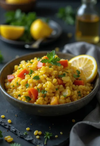 Prebiotisk kryddig hirssallad serverad med färska grönsaker och persilja