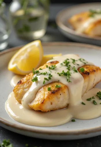 Halstrad fisk med vitlökssås serverad