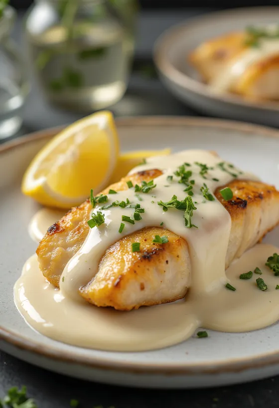 Halstrad fisk med vitlökssås serverad