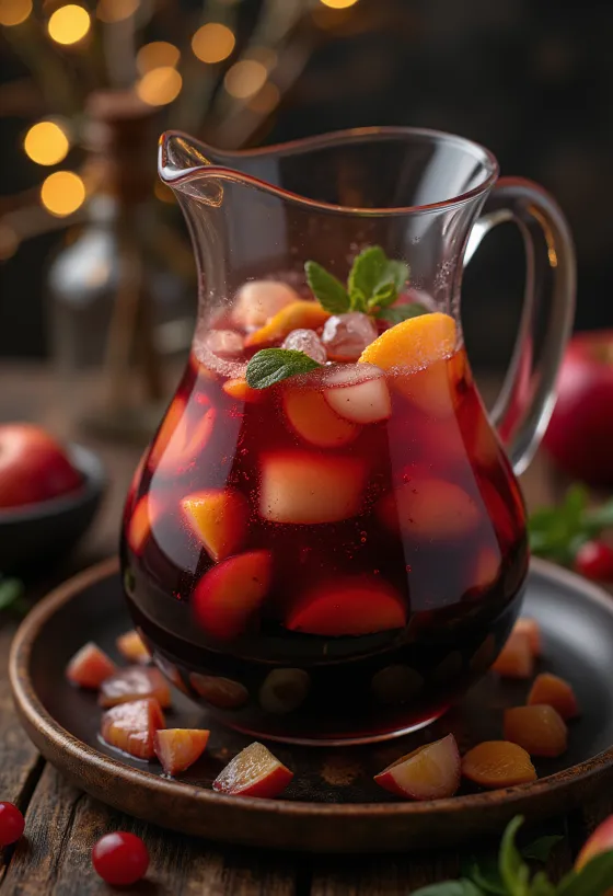 Sangria serverad med färsk frukt och isbitar