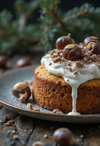 Vintertårta med kastanj dekorerad med mörk choklad och valnötter