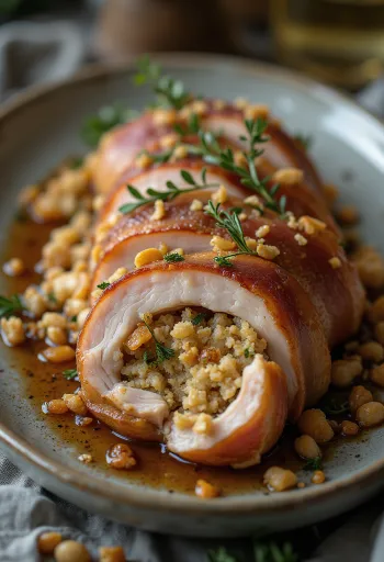 Saftig, ugnsstekt fylld fläskkotlett fylld med färska örter och smält ost.