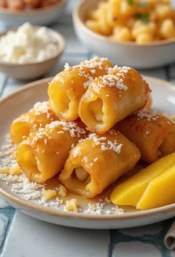 Turon med mango serverad med kokosflingor