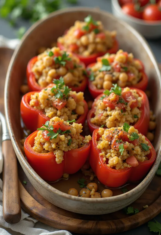 Vegansk fylld paprika serverad med quinoa