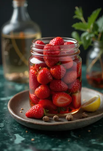 Inlagda starka jordgubbar serverade i burk