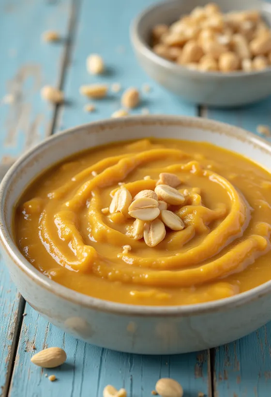 Jordnötssås med curry serverad i en skål med färsk koriander.