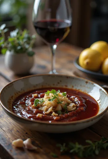 Rödvinssås med vitlök och citron serverad