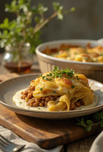 Kryddig gratäng med linser och savojkål serverad