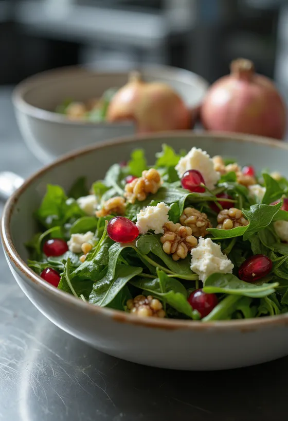 Ruccolasallad med granatäpple, fetaost och valnötter