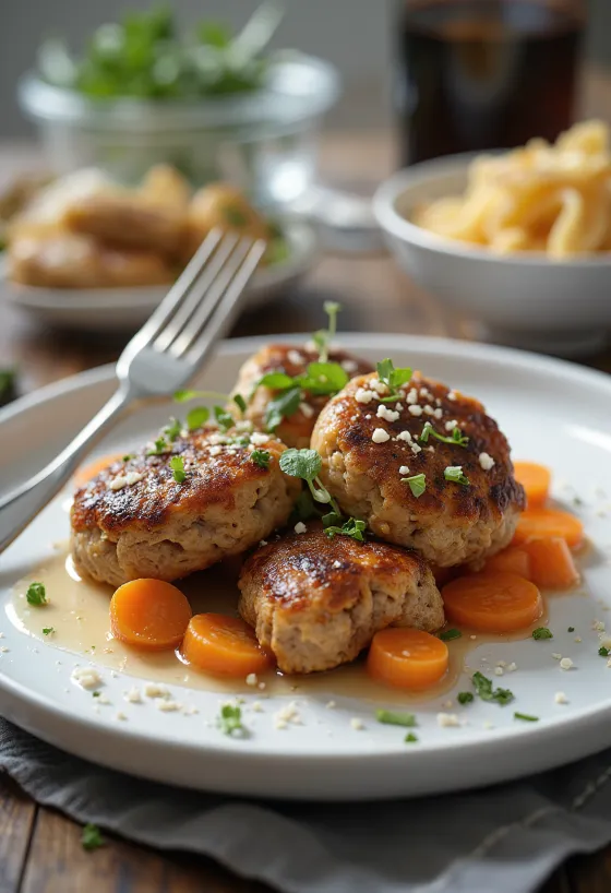 Norska Kjøttkaker köttbullar serverade med kokta morötter