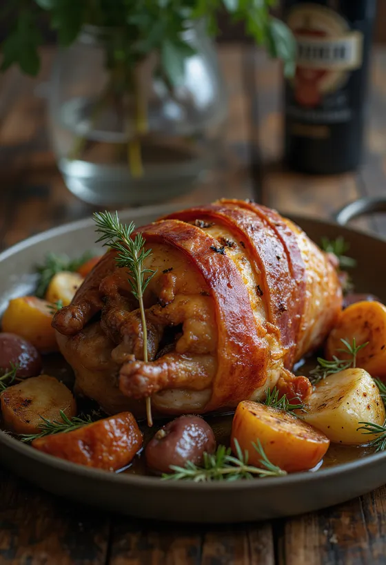 Ugnsstekt fasan inlindad i pancetta med rostade grönsaker