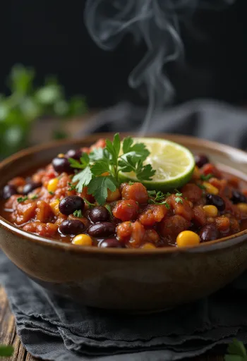 Vegansk chili sin carne i rik kryddig sås, garnerad med färsk koriander.