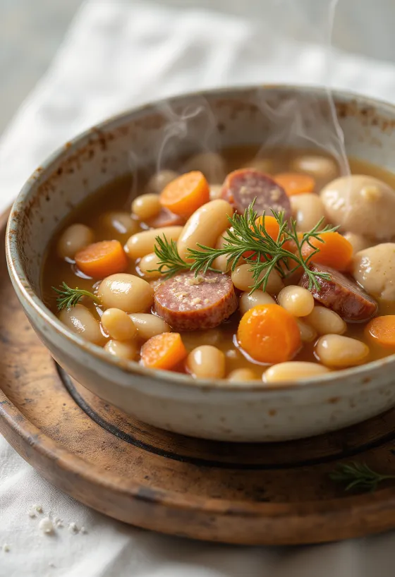 Traditionell bönsoppa med csipetke, serverad med rökt köttbuljong