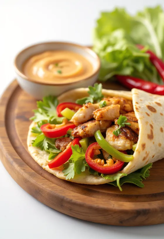 Het wrap fylld med grillad kyckling, chili, paprika och sallad, med krämig sås