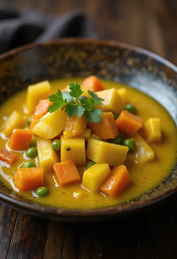 Grönsakssås med curry i en skål, dekorerad med färsk koriander.