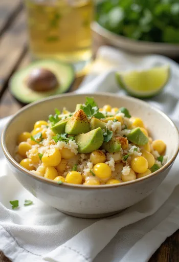 Färsk och krispig esquites serverad med avokado