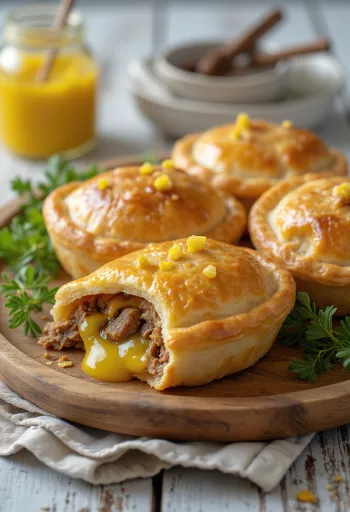 Lihapiirakka fylld med senap, friterad gyllenbrun, serverad med nötfärsfyllning