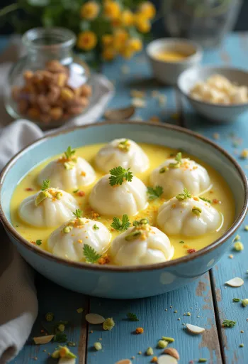 Rasmalai med saffran, indisk sötsak på mjölkbas, garnerad med rostad mandel och pistasch