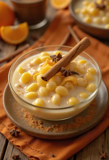 Canjica med kondenserad mjölk, serverad med färsk kanel