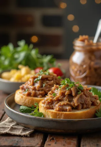 Duck rillette serverad i en rustik burk med bröd och saltgurka