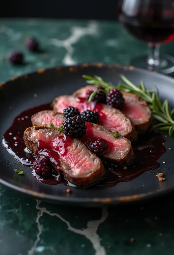 Älgstek med bärsås serverad med grönsaker.