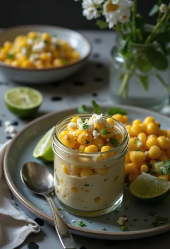 Esquites med koriander, serverad med gräddfil och limeskivor