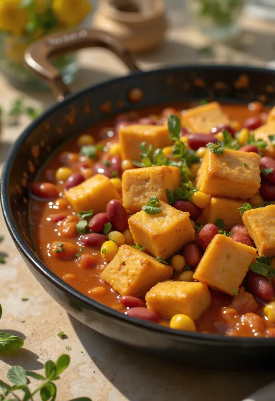 Kryddig tofu med bönor serverad