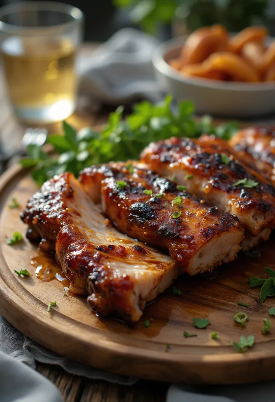 Grillade revbensspjäll serverade med färska tillbehör