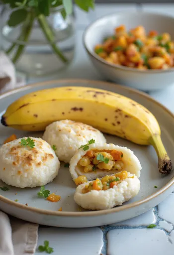 Idli med salt fyllning, serverad med färska grönsaker