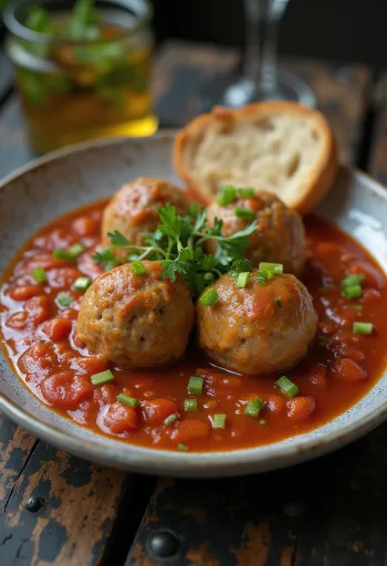 Köttbullar i tomatsås serverade i tjock, sötsur tomatsås