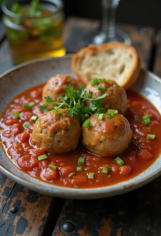 Köttbullar i tomatsås serverade i tjock, sötsur tomatsås